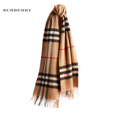 BURBERRY 巴宝莉 驼色格纹羊绒流苏围巾 百