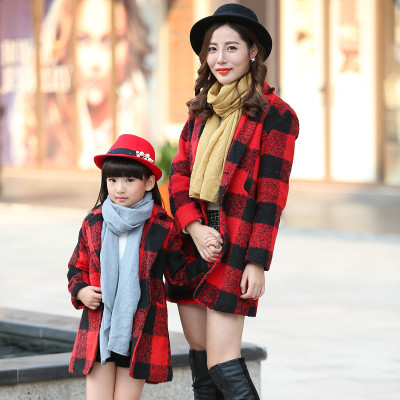 叶子鸟 亲子装母女装冬款加厚格子呢中款外套