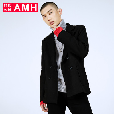 AMH韩版男装冬装2017新款青年休闲黑色毛呢