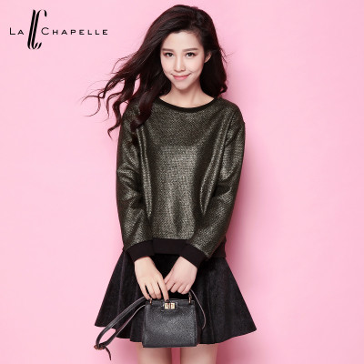 拉夏贝尔2017秋冬新款时尚拼接烫金圆领套头