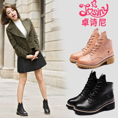 卓诗尼2016冬款厚底英伦风马丁靴短靴粗跟靴