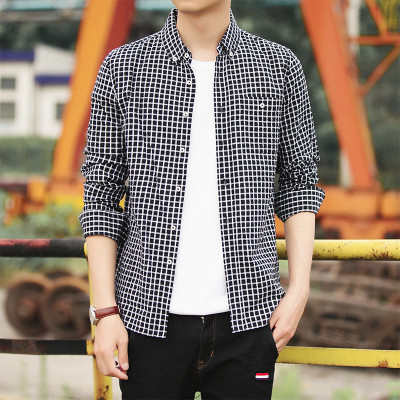 SENSIKJ 秋季薄款纯棉英伦细格子衬衫男长袖
