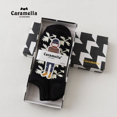 CARAMELLA男款纯棉袜子 黑白条纹船袜 全棉