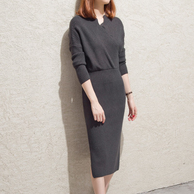 EHOOS2017新款气质名媛针织衫中长款开叉包