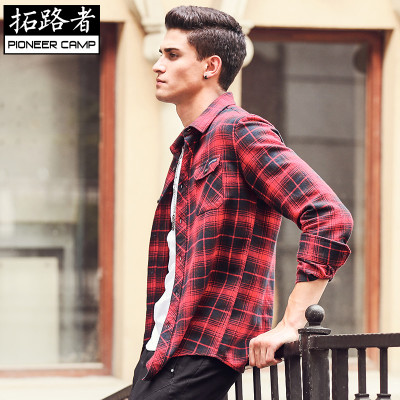 拓路者秋冬新款红色格子上衣时尚青年衬衫男长
