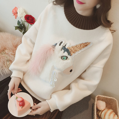 秀族 甜美可爱卡通贴布半高领卫衣女套头宽松