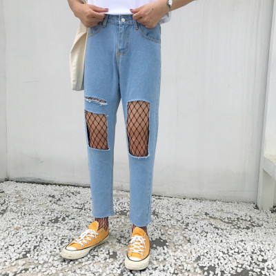 印象小马 实拍 夏季浅蓝色膝盖大破洞九分牛仔