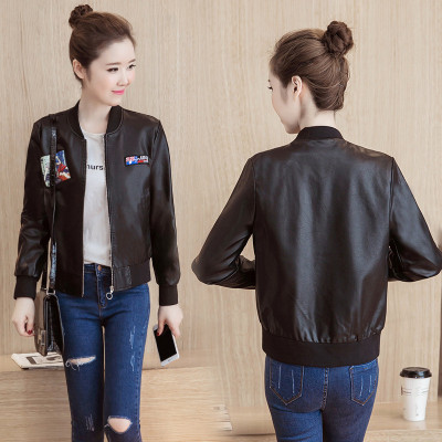 班俏2016秋冬款棒球服皮衣PU女外套 修身短款
