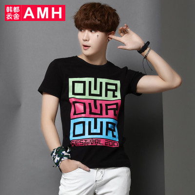 AMH男装韩版2016夏装新款圆领几何图案印花