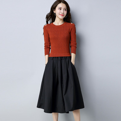 酷比兔 韩版女装秋冬新款修身毛衣拼布长款针