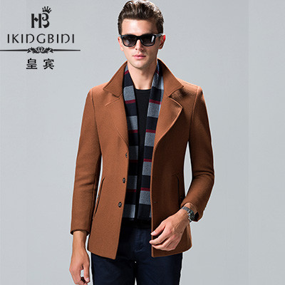 016秋冬韩版修身带围巾毛呢夹克外套男中长商