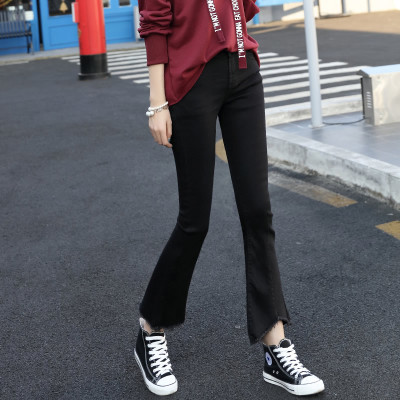 星骆莎 韩版高腰黑色九分喇叭牛仔裤女2017春