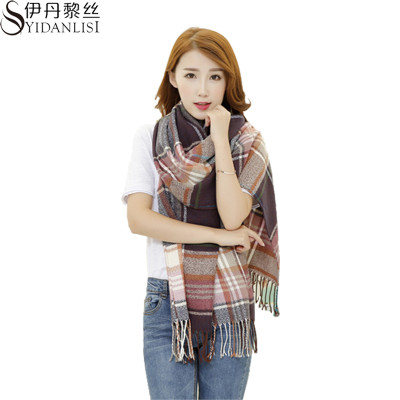 伊丹黎丝秋冬围巾女仿羊绒羊毛格子条纹保暖围