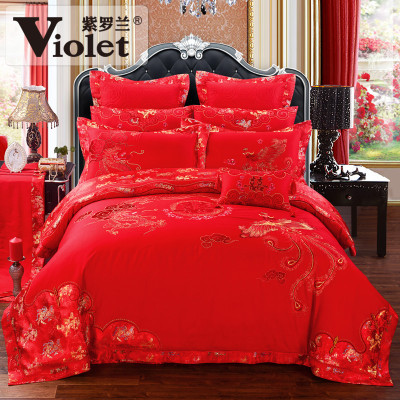 紫罗兰大红色婚庆床单床盖六件套 全棉刺绣套