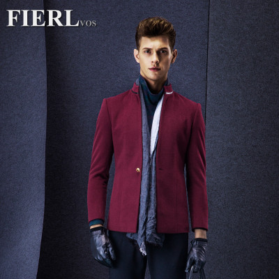 FIERL2016春季新款男士大衣酒红色立领毛呢大